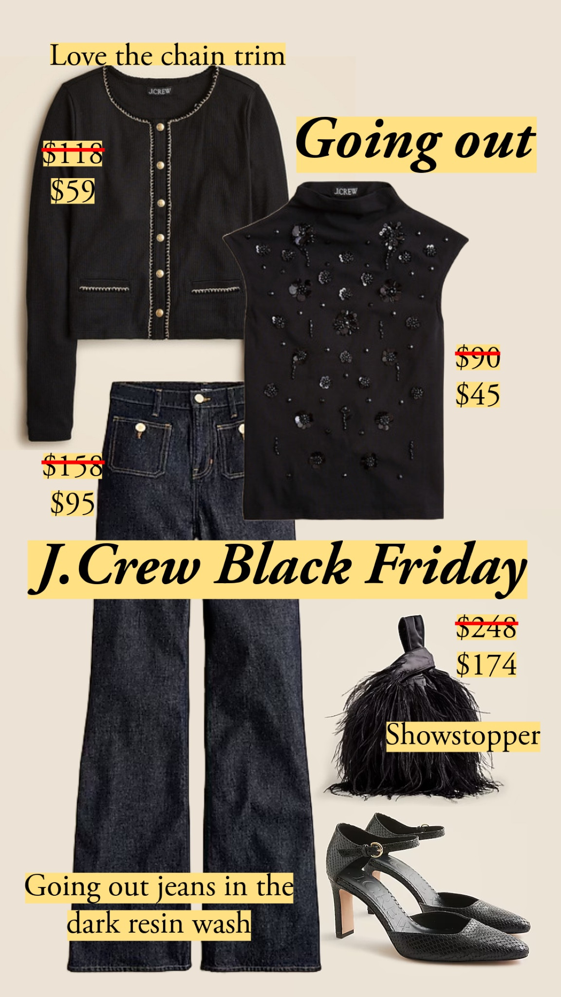 J.Crew’s going out pieces have been so strong this year. Most of these work for day as well, and it’s easy to combine them with your own staples. 

* The jeans and a silk blouse plus a mid-thigh coat
* The chain-trim jacket over a cami with midi and boots
* The embellished top with a mini skirt and the shoes you’ve been dying to show off

#goingout #jcrew #classicstyle

#LTKSaleAlert #LTKHoliday #LTKGiftGuide #LTKCyberWeek