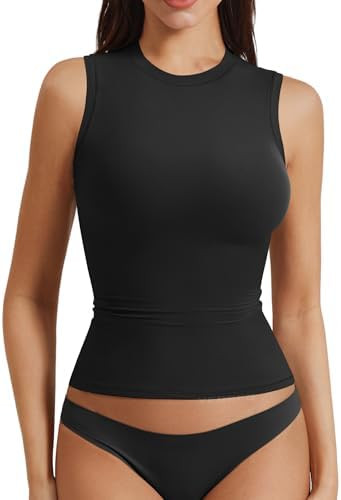 YEOREO Women Basic Mock Neck Workout Crop Top Sleeveless Double Lined Tank Tee Slim Fitted Ruched... | Amazon (US)
