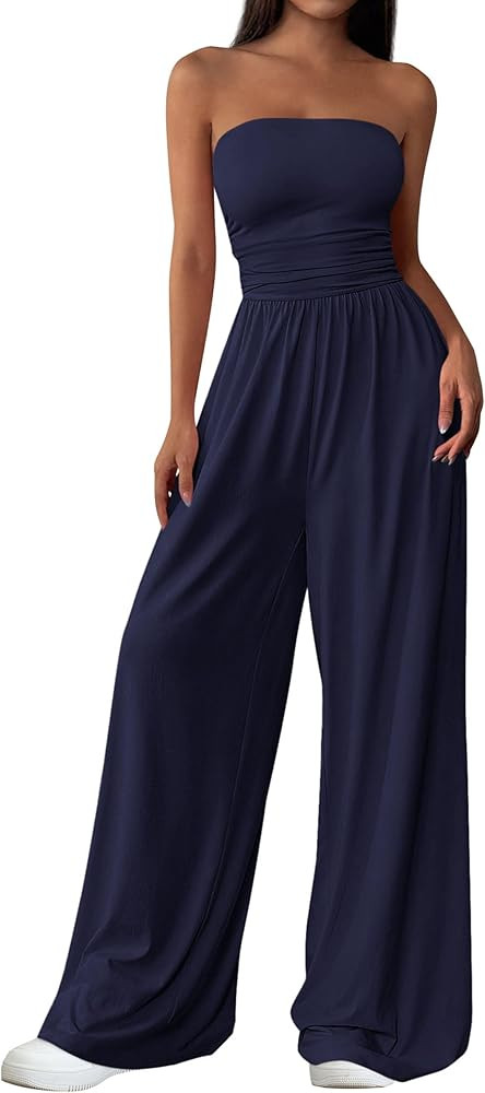 PRETTYGARDEN Womens Trendy Strapless Rompers 2026 Ruched Tube Top Wide Leg One Piece Jumpsuits Be... | Amazon (US)