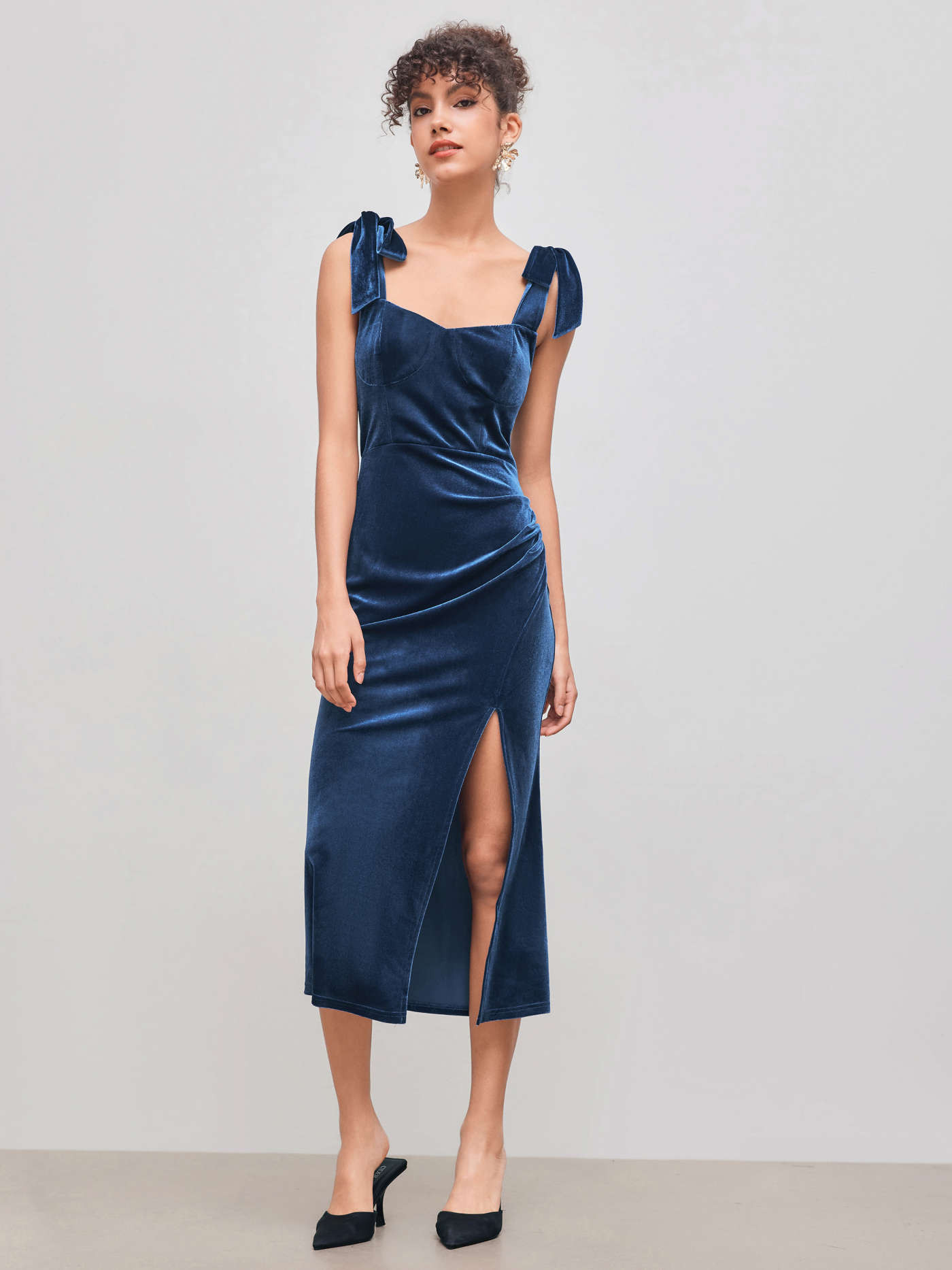 Velvet Sweetheart Neckline Split Ruched Knotted Maxi Dress... | Cider