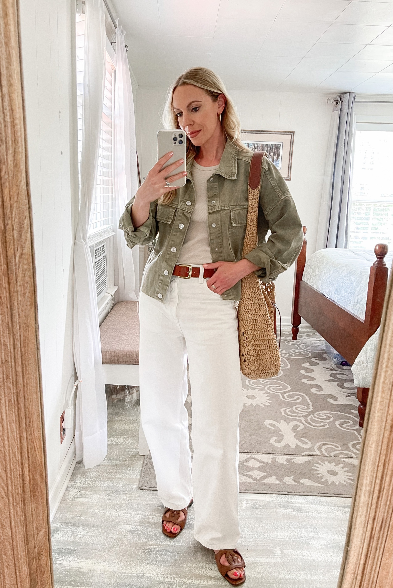 White jeans, loose fit denim, olive green jacket, straw tote bag, casual summer outfit 

#LTKitbag #LTKunder50 #LTKunder100