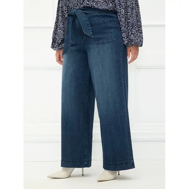 ELOQUII Elements Women's Plus Size Wide Leg Jeans with Waist Ties | Walmart (US)