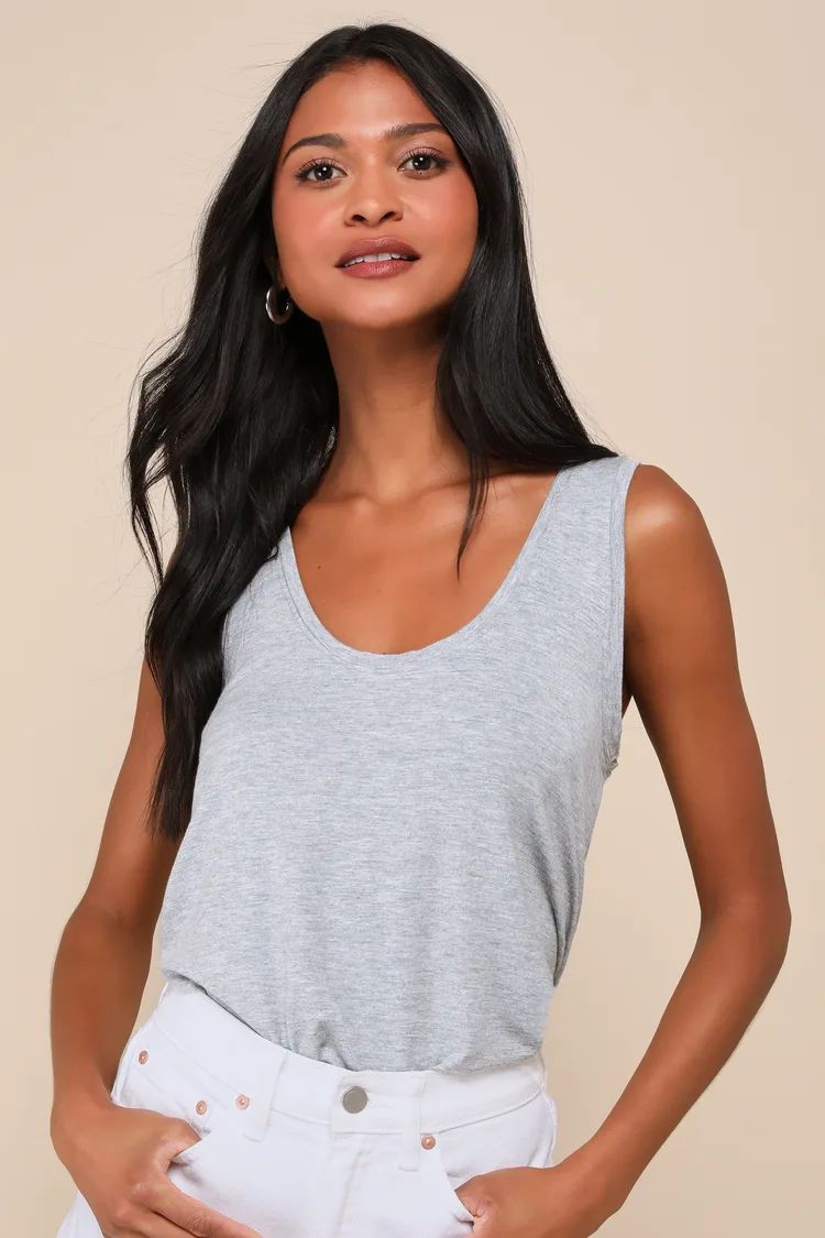 Effortless Staple Heather Grey Scoop Neck High-Low Tank Top | Lulus