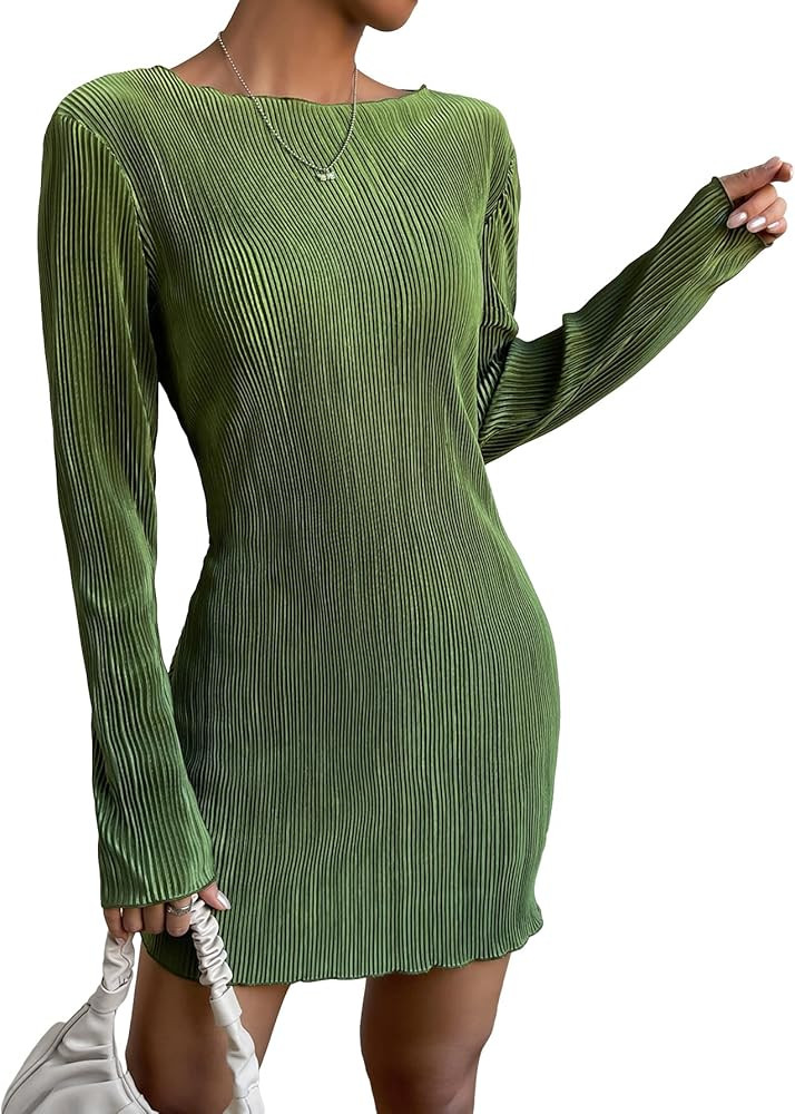 COZYEASE Women's Lettuce Trim Boat Neck Dress Elegant Bodycon Long Sleeve Pencil Mini Dress | Amazon (US)