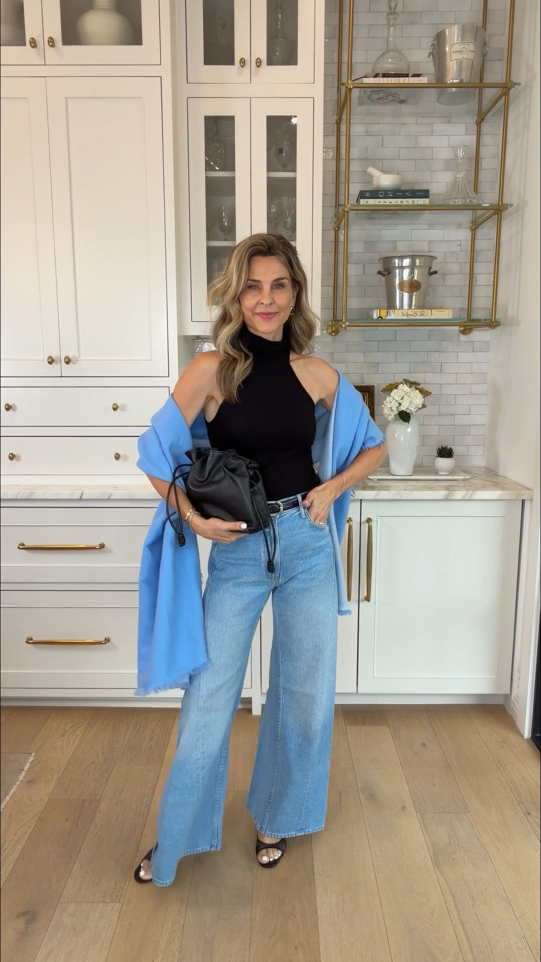 -Mother jeans back in-stock! I’m 5’6”, TTS 
-very soft top in size XS 
-@Quince  bag!
-heels, TTS. Very easy to wear.

#LTKootd #LTKOver40