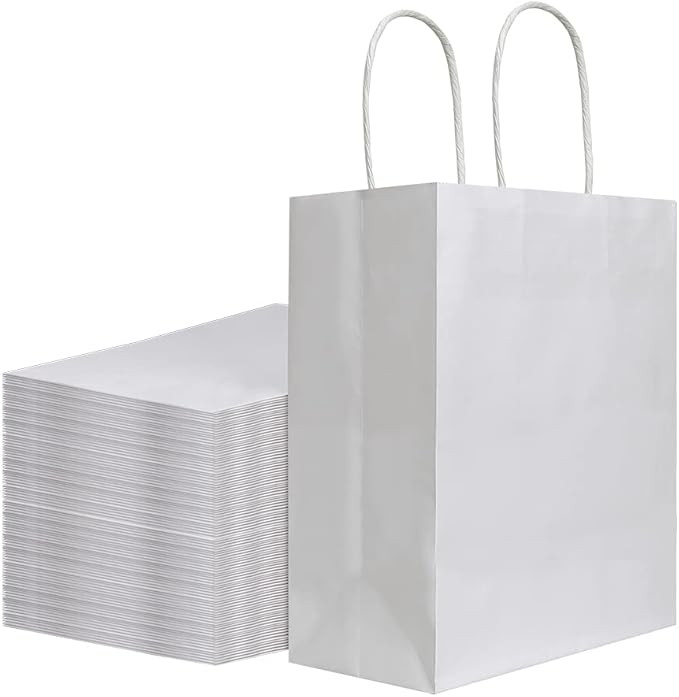 bagmad 100Pcs Pack 8x4.75x10 inch Medium White Kraft Paper Bags with Handles Bulk, Gift Bags, Cra... | Amazon (US)