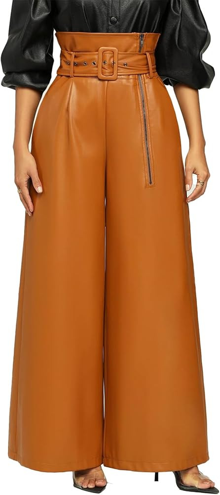 Tcremisa Leather Pants for Women High Waisted Faux Leather Straight Wide Leg Pant PU Trousers wit... | Amazon (US)