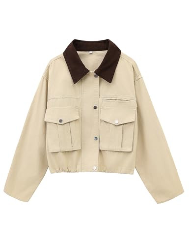 Megfie Womens Cropped Jacket Contrast Collar Utility Coat Cargo Jacket Barn Jacket Outwear with Pockets(0836-Khaki-XS) | Amazon (US)