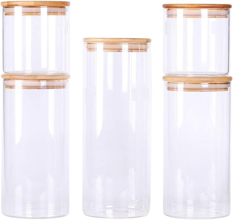 Stackable Kitchen Canisters Set, Pack of 5 Clear Glass Food Storage Jars Containers with Airtight... | Amazon (US)