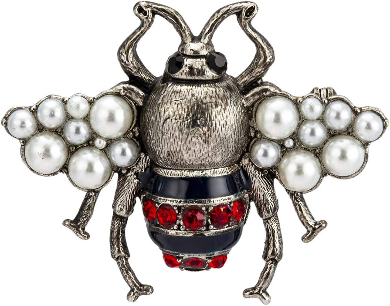 Knighthood Brooch Pin Matte Silver and Gun Metal Power Dressing Bee with Pearls,Red Stone Black E... | Amazon (US)