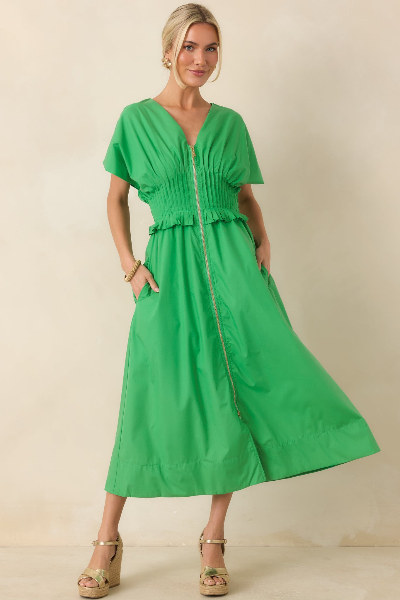 Let It Be Easy Kelly Green Smocked Waist Zip Maxi Dress | Red Dress