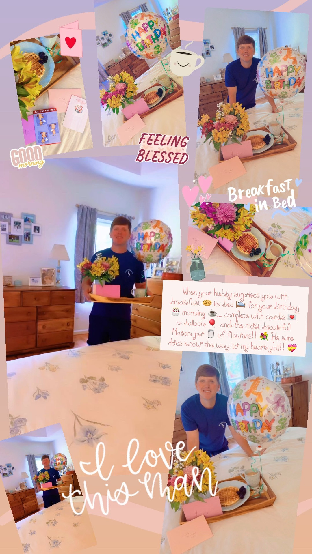When your hubby surprises you with breakfast 🧇 in bed 🛌 for your birthday 🎂 morning ☕️… complete with cards 💌, a balloon 🎈, and the most beautiful Mason jar 🫙 of flowers!! 💐 He sure does know the way to my heart y’all!! 💝