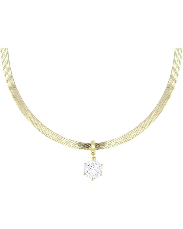 JTV Cubic Zirconia Herringbone Necklace for Women, Plated Sterling-Silver, Elegant Diamond-Look P... | Amazon (US)