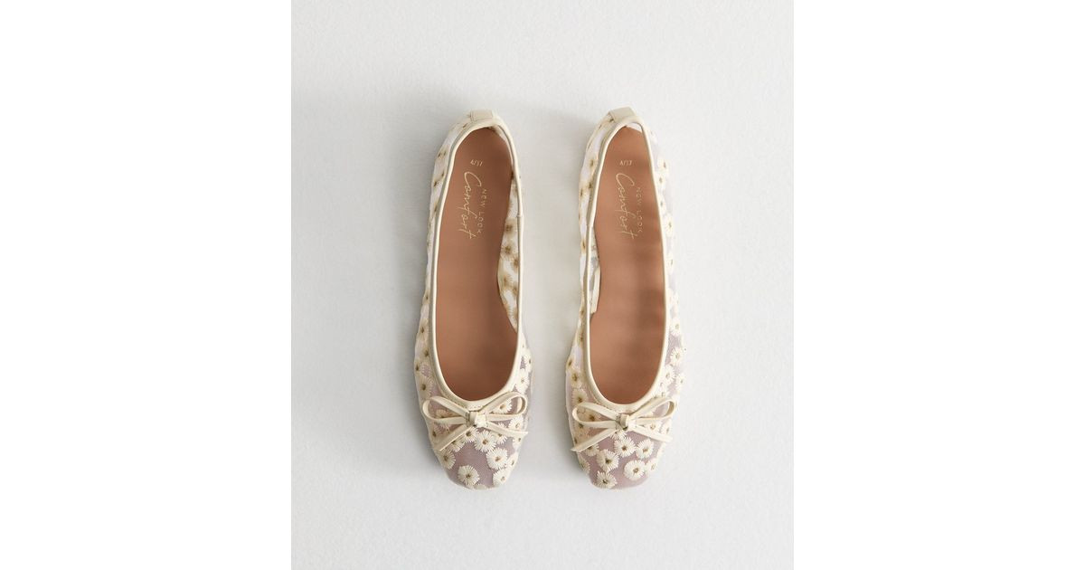 White Floral Embroidered Mesh Ballet Flats | New Look | New Look (UK)