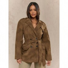 Suede Finish Notch Collar Double Breasted Long Sleeve Casual Trench Coat With Pockets And Belt | SHEIN