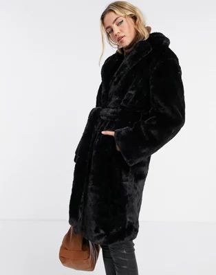 New Look longline belted faux fur coat in black | ASOS (Global)