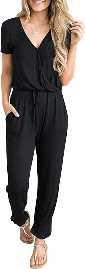 PRETTYGARDEN Women’s Sexy Deep V Neck Short Sleeve Wrap Drawstring Waist Jumpsuit Romper with P... | Amazon (US)