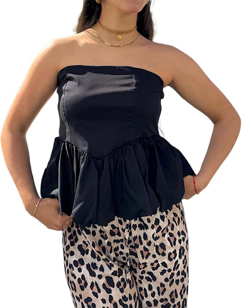 Women Y2k Peplum Tube Tops Strapless Ruffle Hem Bandeau Bubble Tops Pleated Cute Summer Going Out... | Amazon (US)