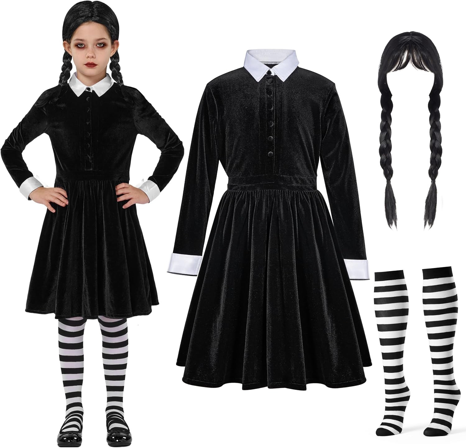 Spooktacular Creations Girls Collar Black Dress, School Girl Costume with Wig, Skater Dress for Toddler Halloween Cosplay | Amazon (US)