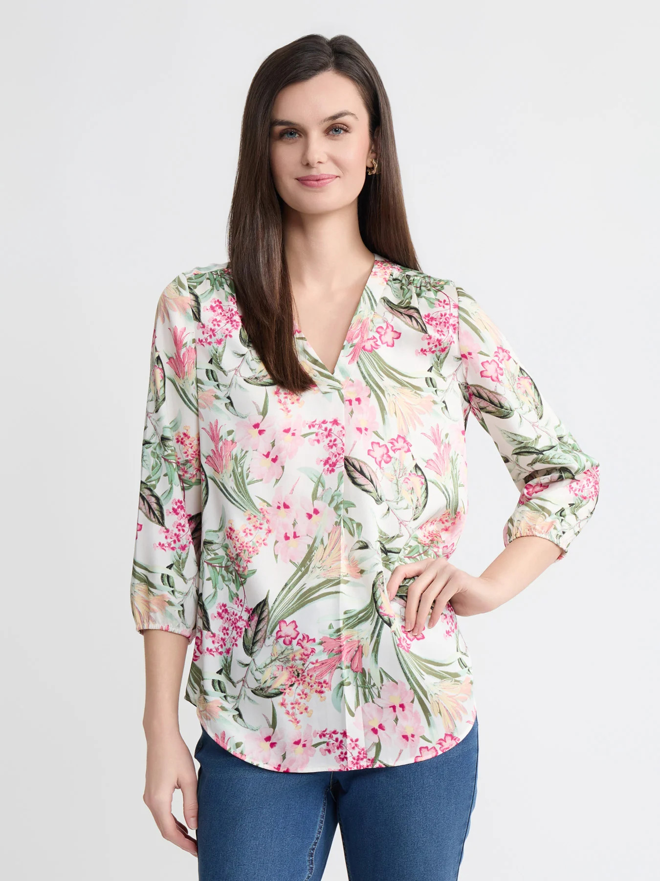 V-Neck Kelly Blouse, Printed Twill | Jones New York