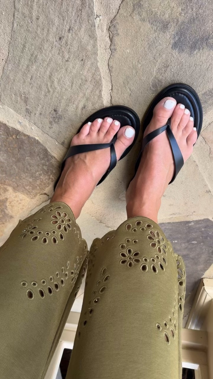 Fall flip flop. Eyelet trim Colette pant. 
Pants TTS, 25

#LTKOver40 #LTKSeasonal #LTKootd