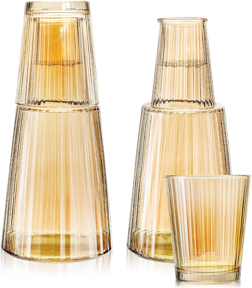 TOPZEA 4 Pcs Vintage Bedside Water Carafe with Glass Tumbler Set, 27oz Amber Ribbed Glass Night W... | Amazon (US)