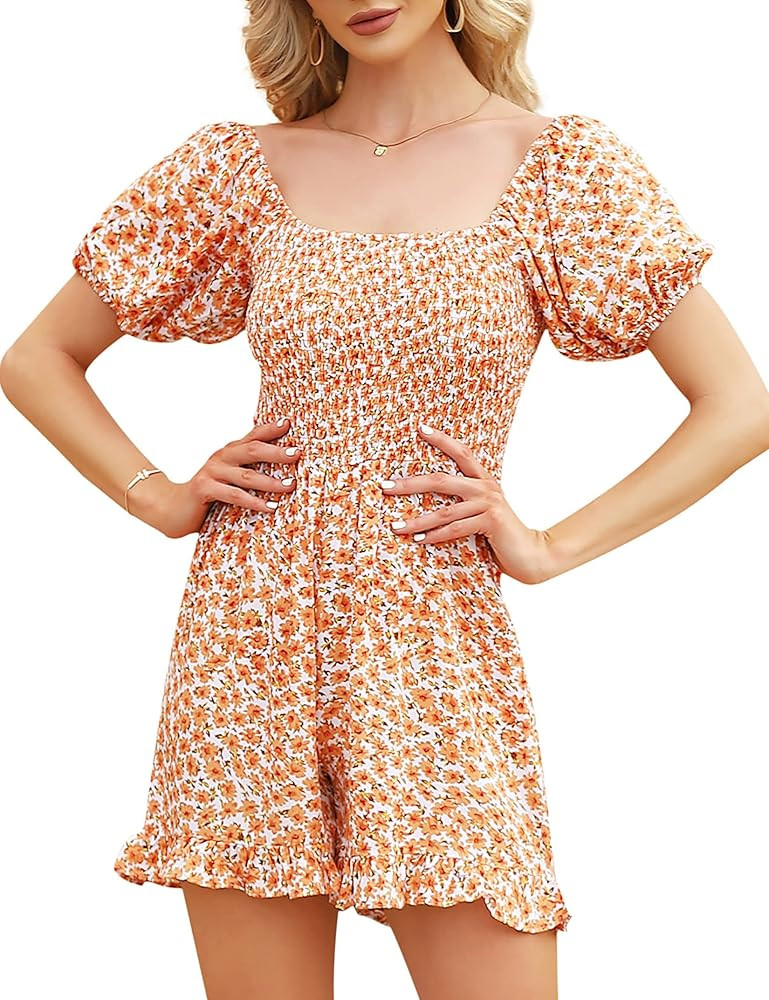 KOJOOIN Women Floral Wide Leg Short Rompers Square Neck Ruff Sleeve Jumpsuits | Amazon (US)