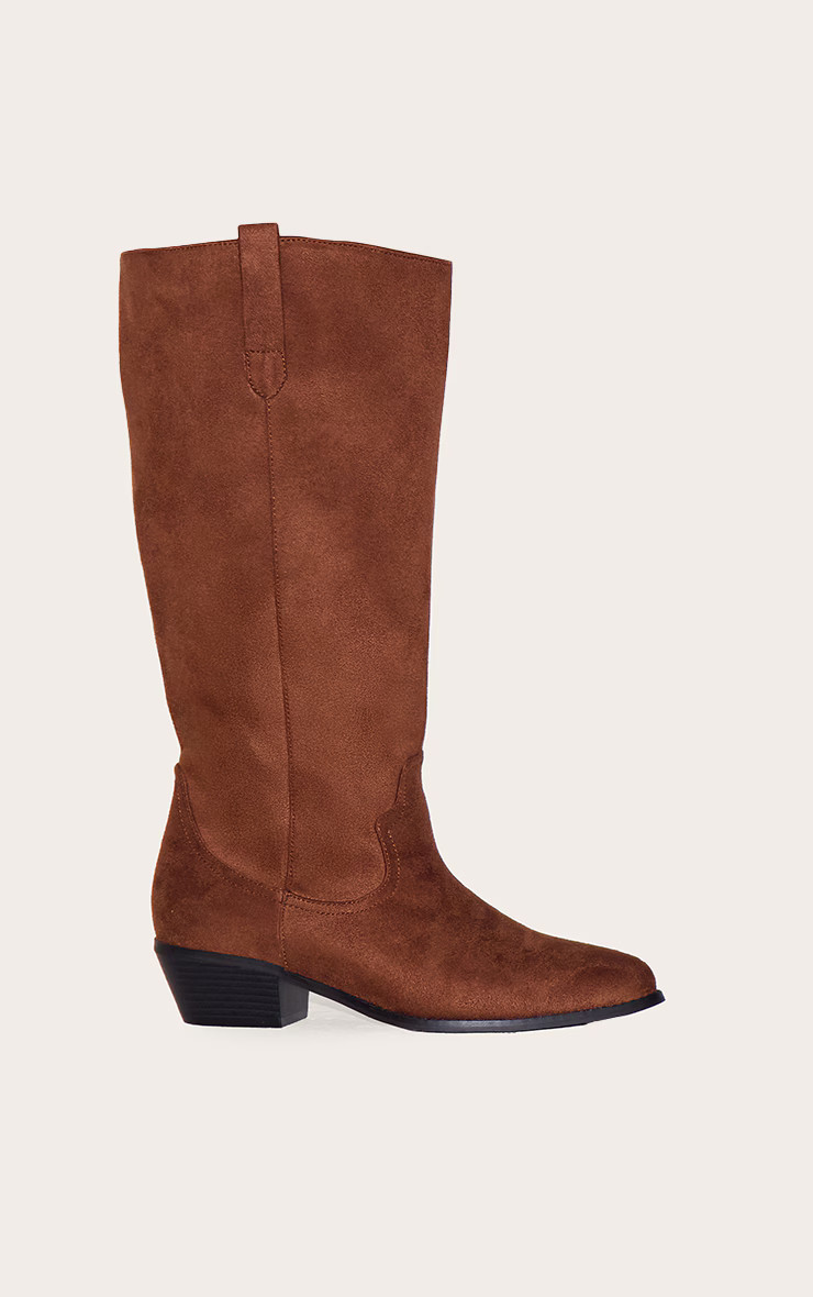 Chocolate Wide Fit Faux Suede Point Toe Knee High Western Boots | PrettyLittleThing US
