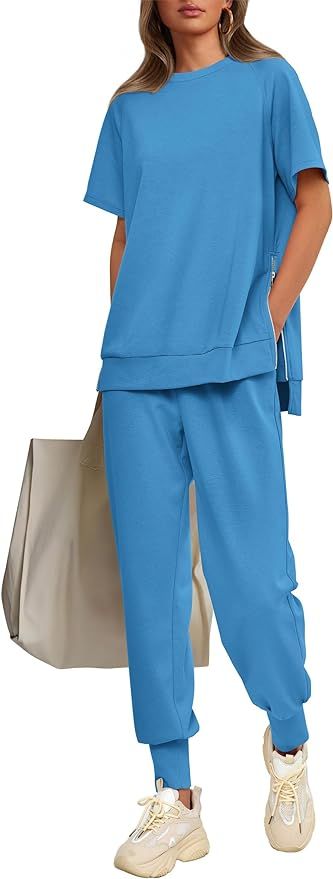 PRETTYGARDEN Women's Summer 2 Piece Outfit Tracksuits Casual Short Sleeve Tops High Waisted Sweat... | Amazon (US)