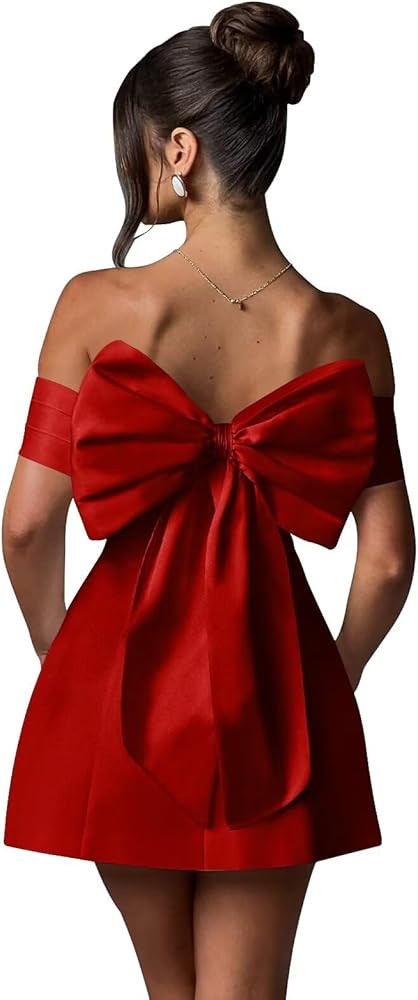 Short Satin Off Shoulder Homecoming Dress for Teens with Bow Prom Graduation Dresses | Amazon (US)
