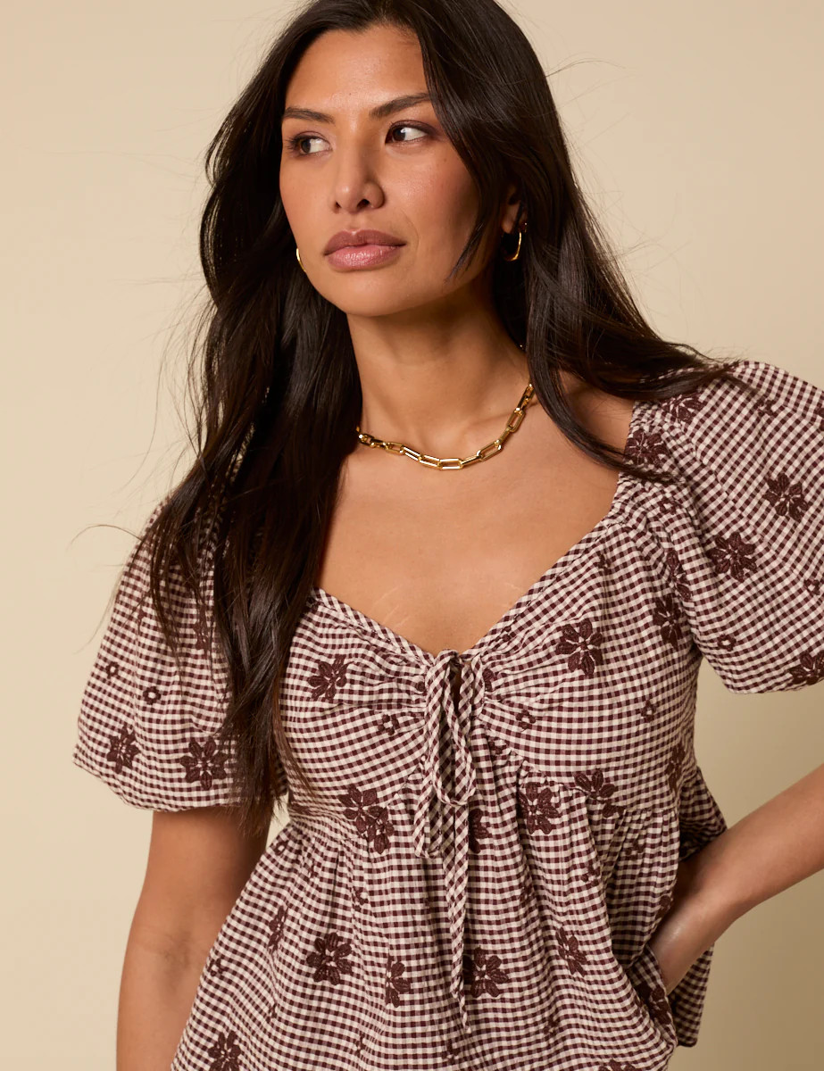 Brown Gingham Embroidered Top | Nobody's Child