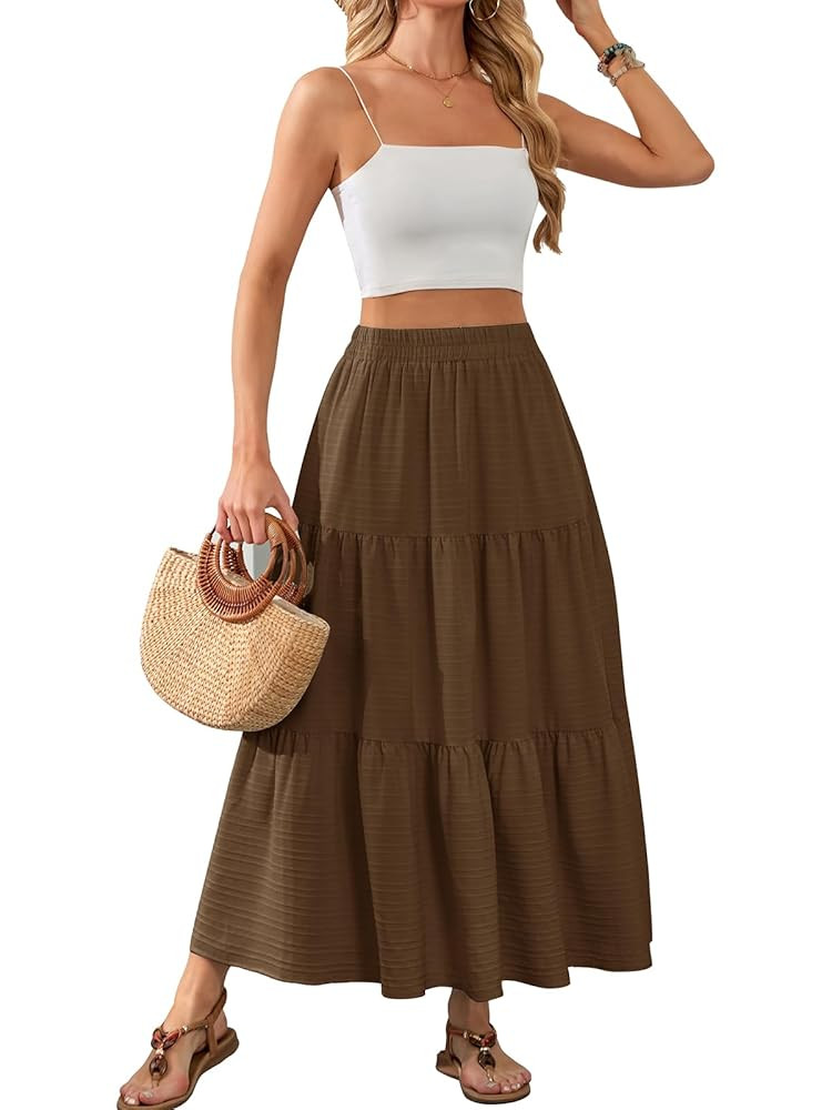 HUSKARY Women's Summer Casual Elegant Smock Layered Tiered Maxi Skirt High Waisted A Line Flowy L... | Amazon (US)