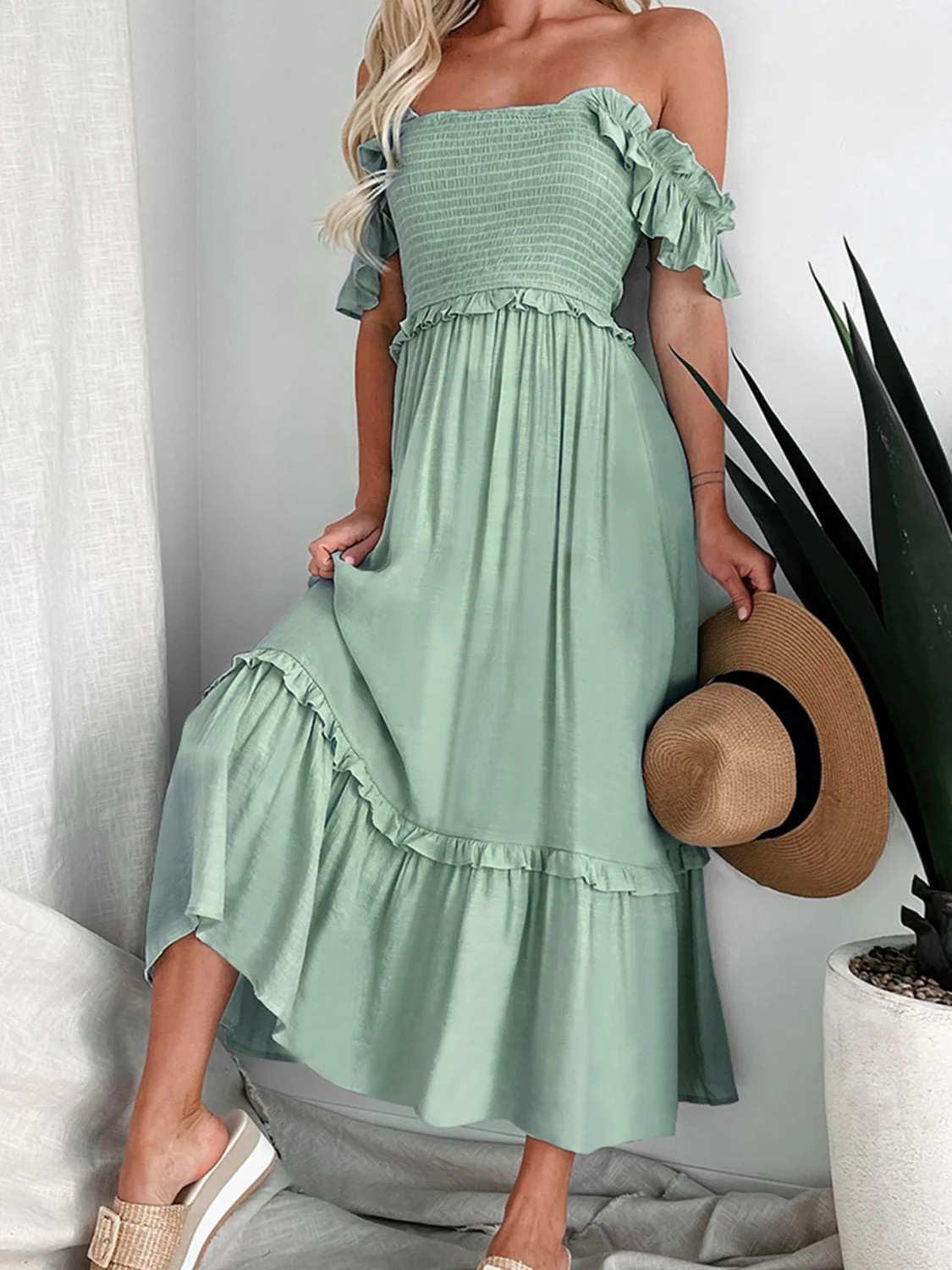 Frill Smocked Off-Shoulder Ruffle Sleeve Dress | Casual Chic Boutique