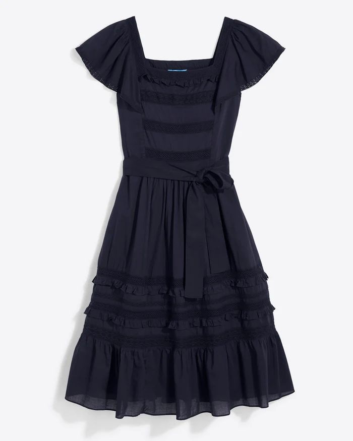 Tie Waist Peasant Dress in Navy Embroidered Stripe | Draper James (US)