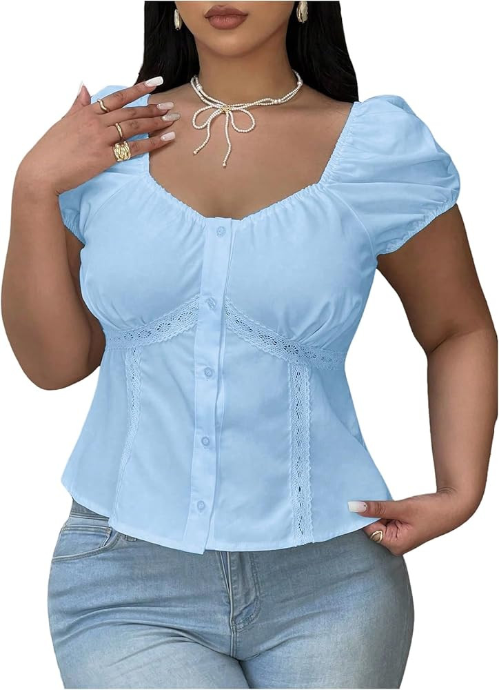 Floerns Women's Plus Size Puff Short Sleeve Button Down Shirts Lace Flare Hem Blouse Top | Amazon (US)