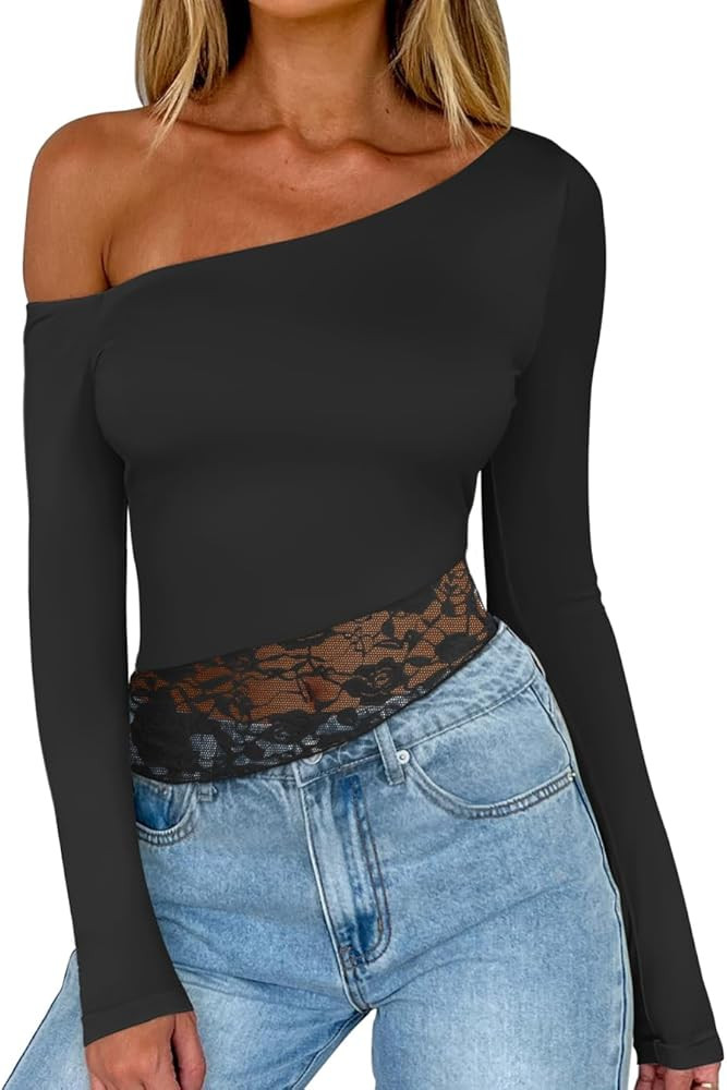 REORIA Womens Long Sleeve Crop Tops Double Lined Lace Off The Shoulder Tops Regular Fitted Shirts... | Amazon (US)