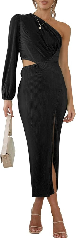 miduo Womens One Shoulder Long Sleeve Cutout Split Pleated Plisse Bodycon Cocktail Maxi Midi Dres... | Amazon (US)