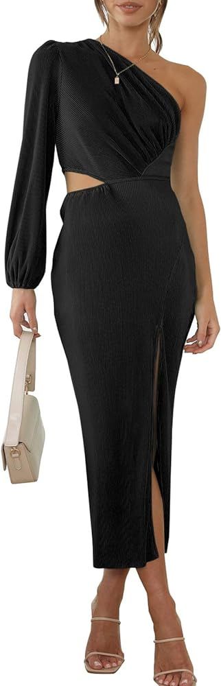 miduo Womens One Shoulder Long Sleeve Cutout Split Pleated Plisse Bodycon Cocktail Maxi Midi Dres... | Amazon (US)