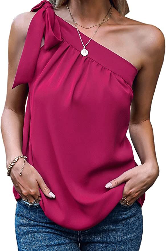 Angashion Women's Summer Tops Casual One Shoulder Short Sleeves Blouses Sleeveless Tie Knot Asymm... | Amazon (US)