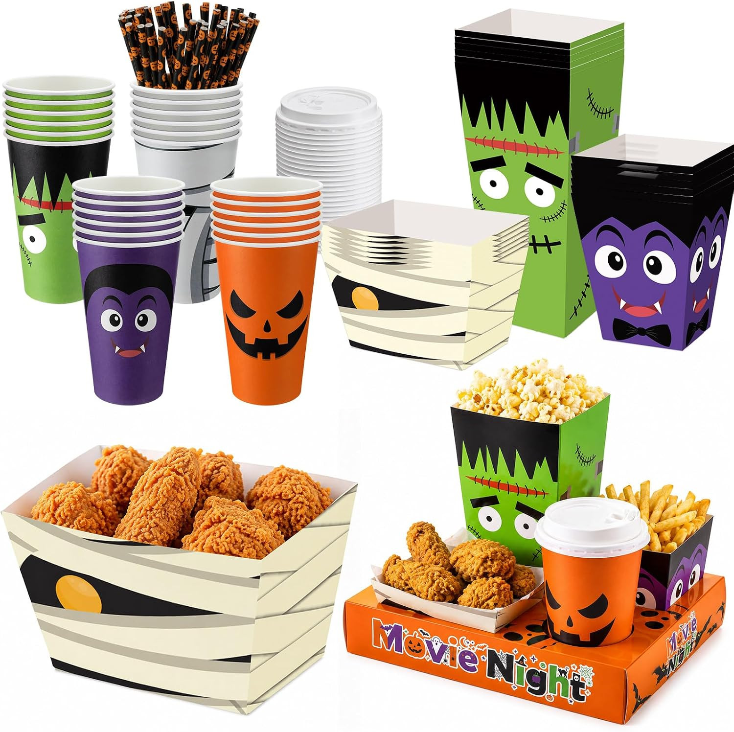 Bokon 172 Pcs/ 24 Sets Halloween Movie Night Snack Trays Supplies | Amazon (US)