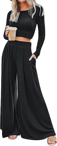 Women's 2 Pieces Long Sleeve Lounge Set Ribbed Crop Top + Palazzo Pants Casual Loose Knit Outfits Se | Amazon (CA)