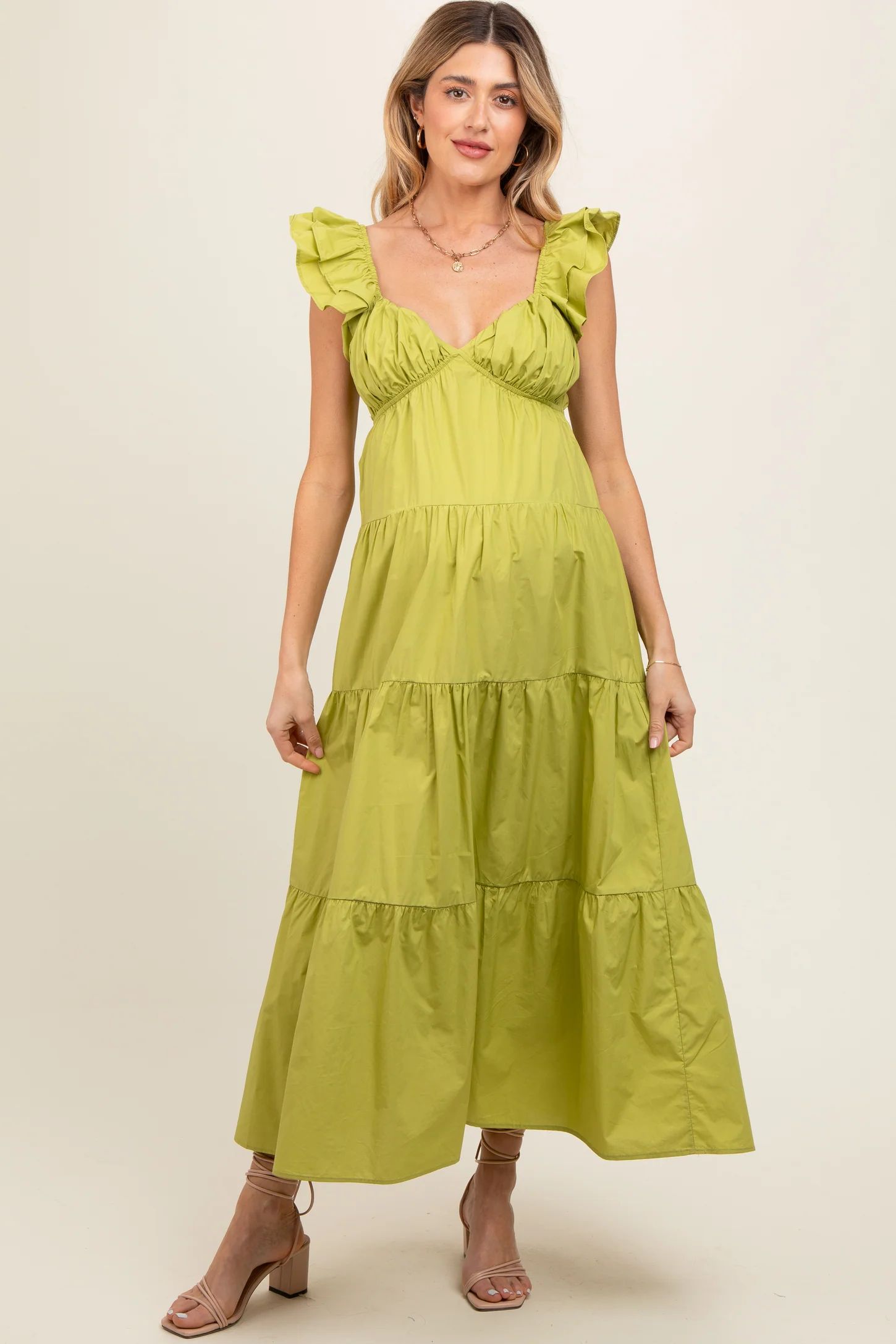 Lime Flutter Sleeve Tiered Maternity Maxi Dress | PinkBlush Maternity