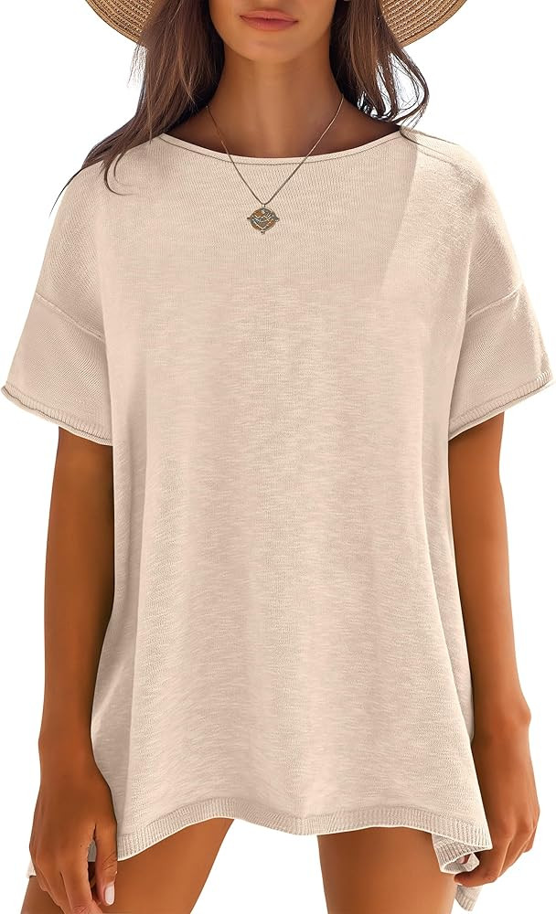 Caracilia Women Summer Lightweight Sweater Top Oversized Short Sleeve Drop Shoulder Seams Outside... | Amazon (US)