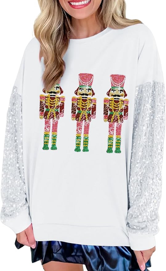 UAURORAO Christmas Sequins Sweatshirts Women Glitter Patch Crewneck Pullover Tops Sparkly Printed... | Amazon (US)