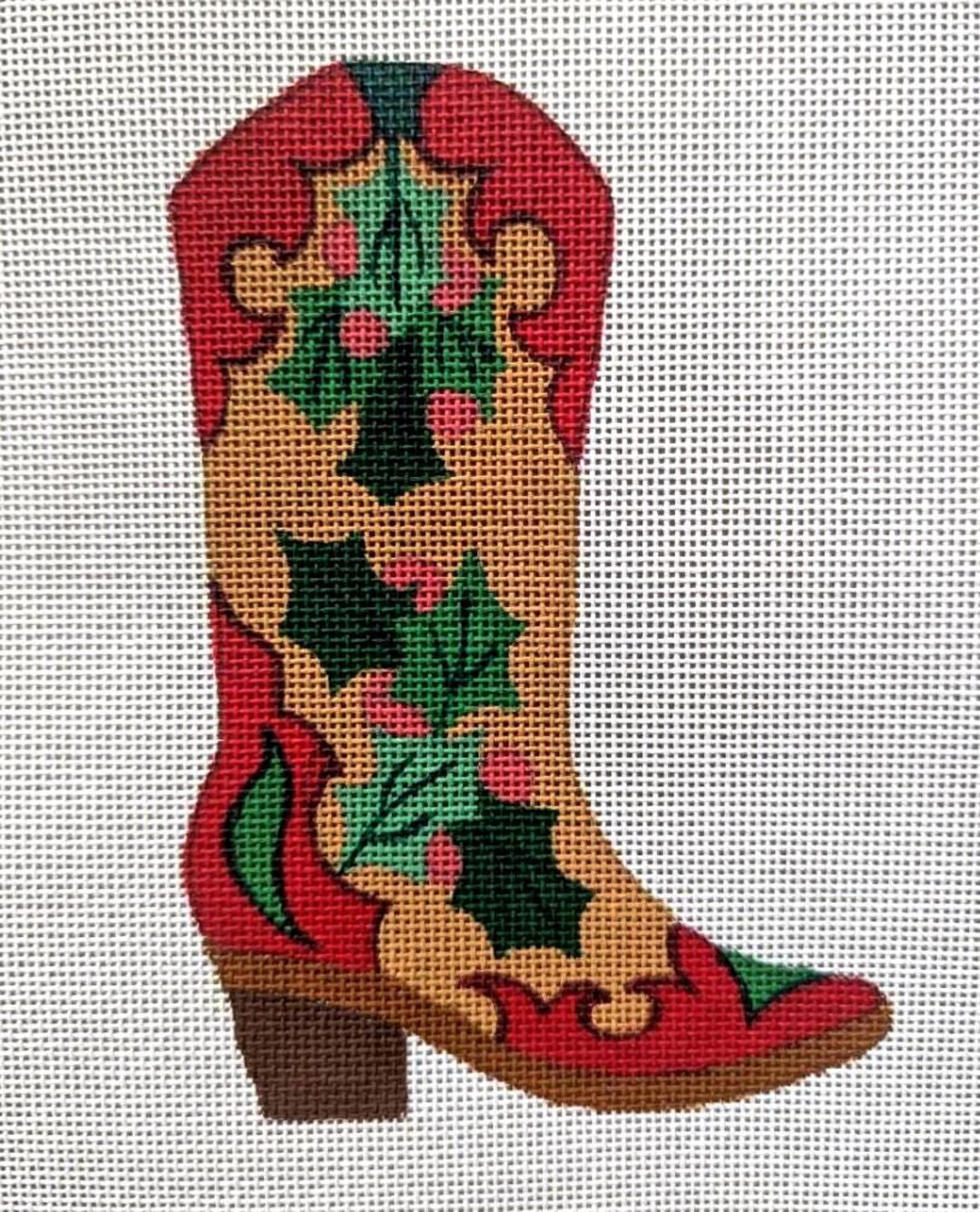 Mini Christmas Cowboy Boot Ornament (holly) - Hand-painted Needlepoint Canvas – Original Design... | Etsy (US)
