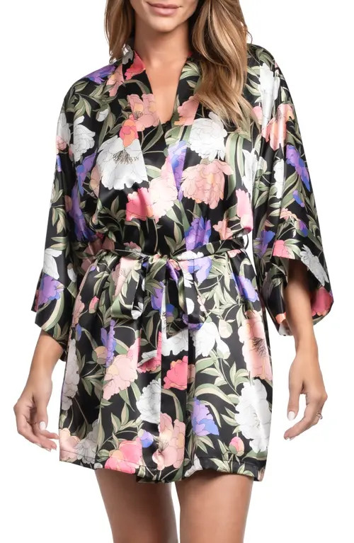 In Bloom by Jonquil Harriet Floral Satin Wrap in Black at Nordstrom, Size Large | Nordstrom
