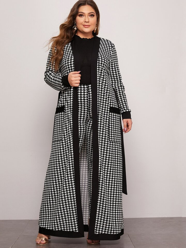 SHEIN Modely Plus Patch Pocket Belted Houndstooth Coat & Leggings Set | SHEIN