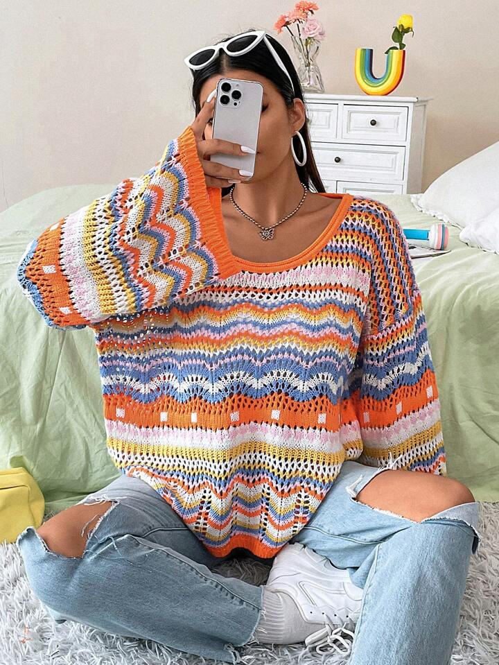 SHEIN EZwear Plus Chevron Pattern Drop Shoulder Pointelle Knit Sweater | SHEIN