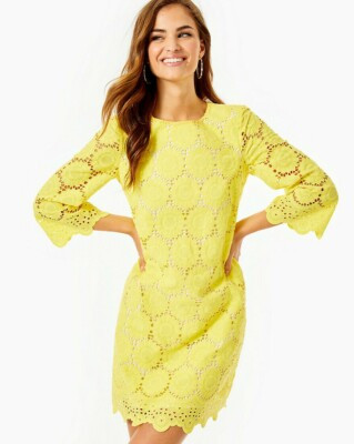 $218 NWT LILLY PULITZER Sz0 MARIELLA FLORAL SCALLOP EYELET 3/4 SLEEVE DRESS LEMO | eBay AU