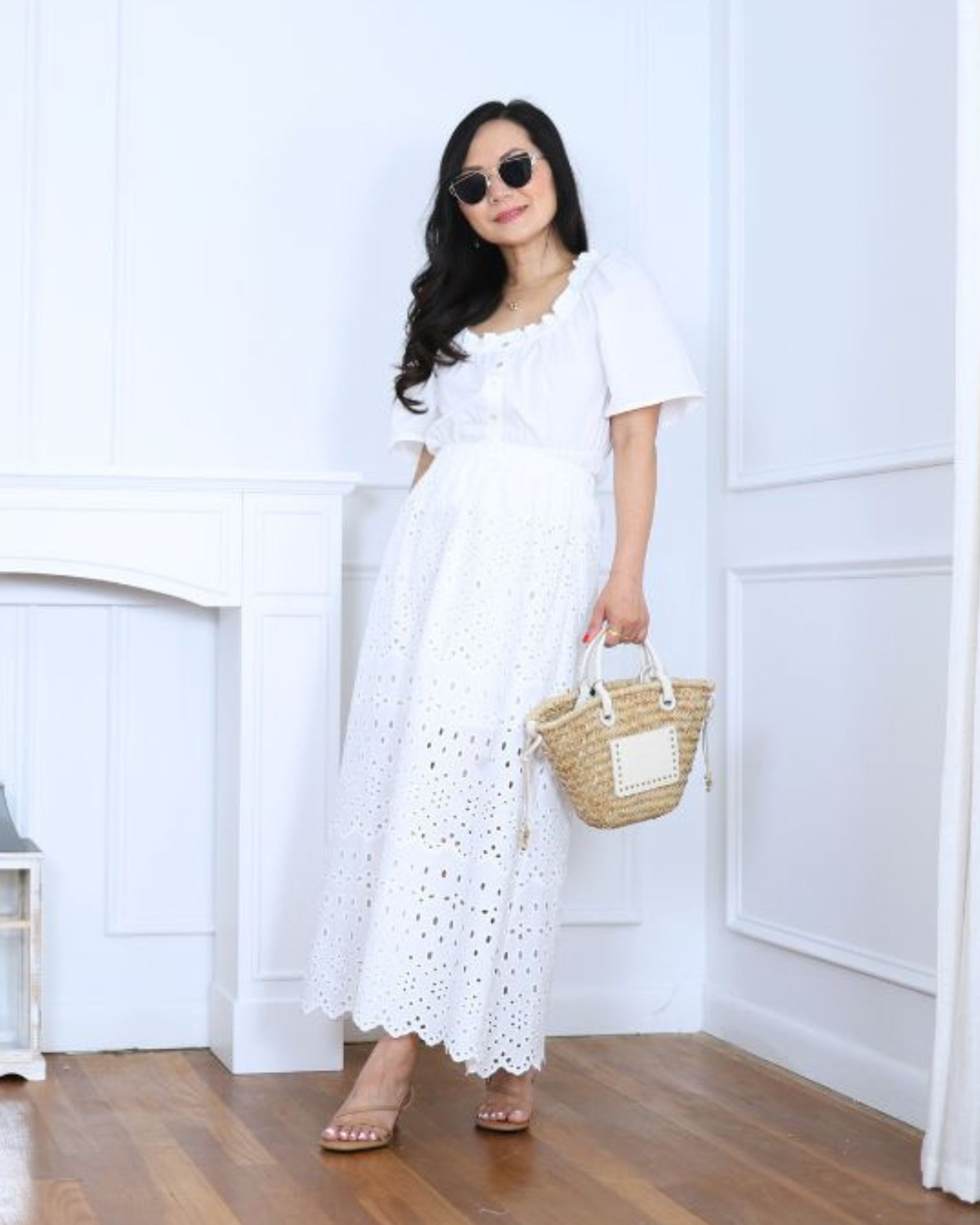 This ruffle-trim blouse from H&M (S) has such a soft, romantic feel. I paired it with an eyelet maxi skirt and a small raffia bag for a summery vibe. Added heels to dress it up a bit. I love how effortless but pretty it all feels together.

#LTKPetite #LTKStyleTip #LTKOver40